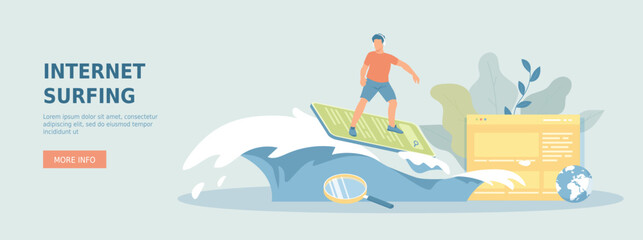 Internet Surfing. Online Search and Viewing information on the Internet, Browsing. Man riding a wave on a smartphone. Promotional web banner. Cartoon flat vector illustration with people characters.