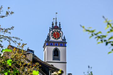 Aarau, Stadtkirche, Kirche, Kirchturm, Altstadt, Altstadth&auml;user, Stadt, Aare, Fluss, Sommer, Sommertag, Aargau, Schweiz