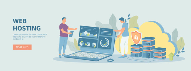 Web Hosting Data Security Сloud computing storage, Information processing, Database Network connection. Hosting servers.Promotional web banner. Cartoon flat vector illustration with people characters.