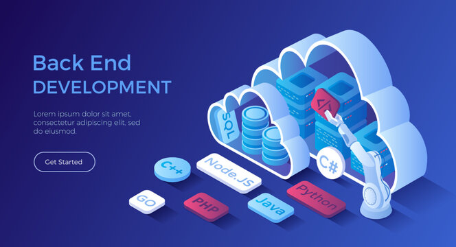 Back end Development, Coding, Software Engineering, Programming languages. Server racks and database in the clouds. Isometric landing page. Vector web banner.