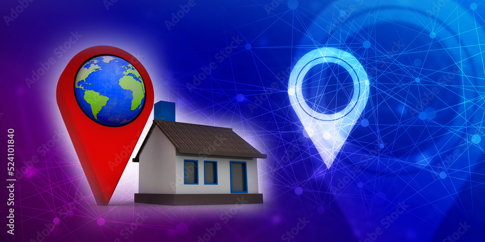 Poster 3d illustration search for property. a map with large red gps pointer containing home