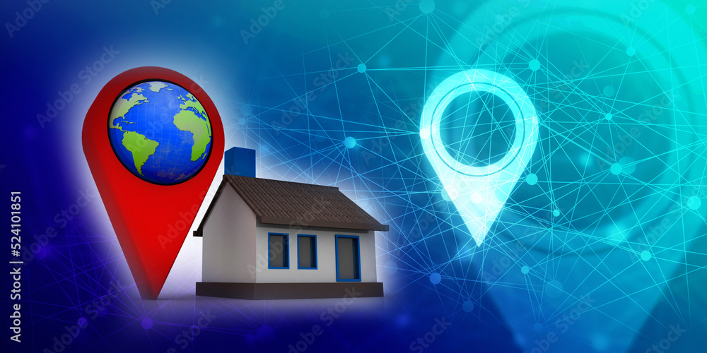 Poster 3d illustration search for property. a map with large red gps pointer containing home