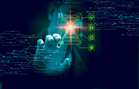 Future Digital Registration Processing Diagram of Biometric Identification Fingerprint Scanner The concept of surveillance and scanning of digital program security. Applications of the future in cyber