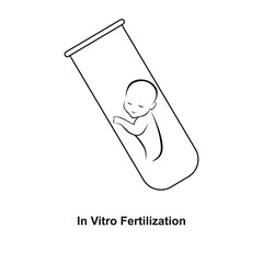 In Vitro Fertilization linear medical icon with text. Abstract vector illustration of fetus in test tube symbol. Logo template for human reproduction or artificial insemination, gynecology, obstetrics