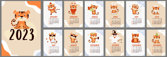 Yearly monthly design calendar for 2023 with cute tiger. Set of 12 pages and cover in English. Vector illustration. Vertical template. Week from Sunday. Stationery, planner, organizer with animal