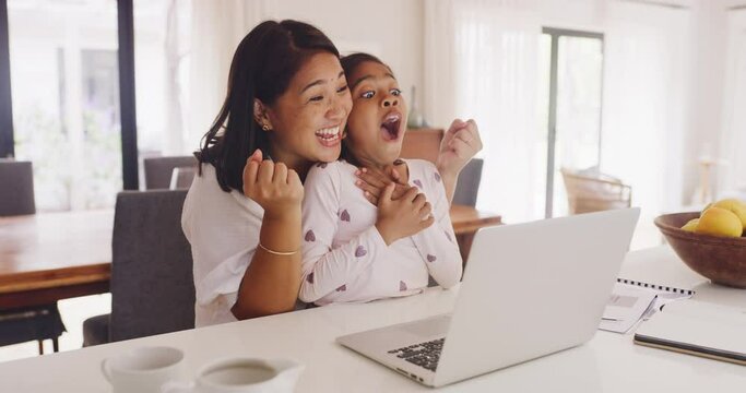 Mother and daughter looking surprised, excited and saying wow while browsing on a laptop and reading good news or seeing something amazing. Feeling happy and shocked while surfing the internet