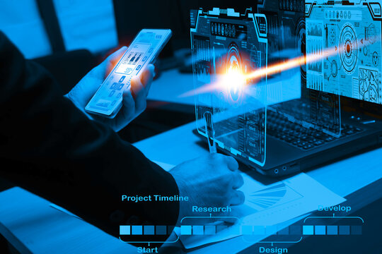 Man people holding digital mobile big data analytics concept and intelligent business computing Concept of communication and digital link technology elements, internet of things, data collection 