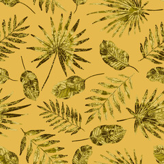 Watercolor seamless pattern with colorful abstract tropical leaves. Bright summer print with exotic plants. Creative trendy botanical textile design.	