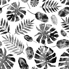 Watercolor seamless pattern with colorful abstract tropical leaves. Bright summer print with exotic plants. Creative trendy botanical textile design.	