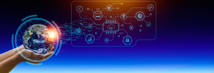 human hand holding a virtual globe with a global network connection big data analytics and smart business ideas for global business ideas future digital. Elements of this image furnished by NASA.