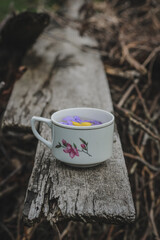 violets floating on a water in cup on a wooden background