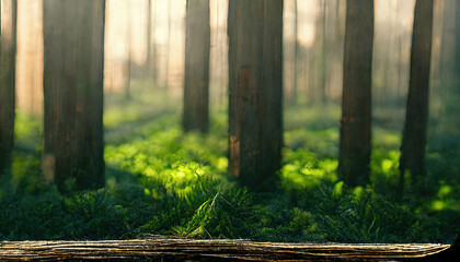 hardwood plank, product display, beautiful lush green forest background