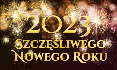 karta lub baner na szczęśliwego nowego roku 2023 w kolorze złotym na czarnym tle z fajerwerkami i brokatem w złotym kolorze