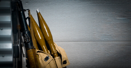 Gun and artillery shells, militant equipment closeup.