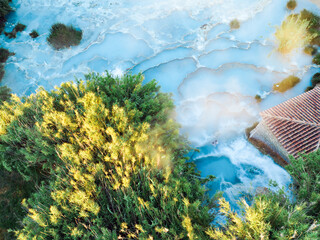 View from above, stunning aerial view of Le Cascate del Mulino, a group of beautiful hot springs in...