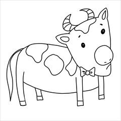  a cartoon-style cow hand-drawn, black-and-white coloring book, contour drawing for design, cute cow character, isolated illustration on a white background