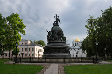 View of the Monument to the Millennium of Russia, installed on the territory of the Novgorod Kremlin in 1862 and St. Sophia Cathedral, Veliky Novgorod, Russia