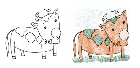  a cartoon-style cow hand-drawn, black-and-white coloring book, contour drawing for design, cute cow character, isolated illustration on a white background