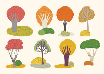 Autumn season trees illustration. Colorful nature artwork. Cute cartoon set of plant.