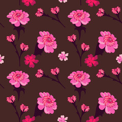 Vector floral seamless pattern in pink brown tone, fantasy flowers in different sizes, background for fabric design, wallpaper, wrapping paper, gift wrap, print covers