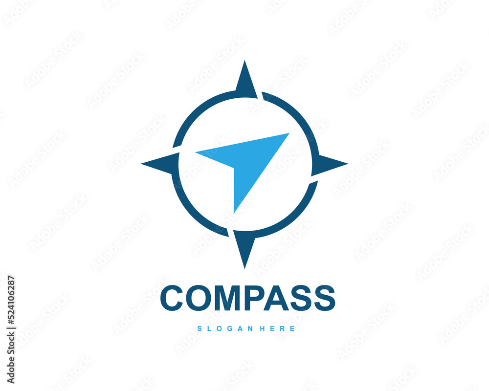 Poster compass logo design is a circle shape in the middle of an arrow. minimalist and modern vector illust