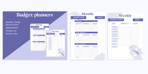 Set of three pages of digital financial planner. Budget planner with its cover, monthly and weekly pages. Vector illustration, banner.