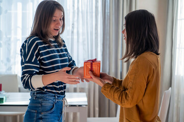 Two girls celebrate holidays and present gifts to each other.