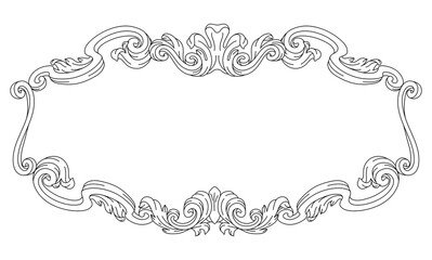 Decorative floral frame in baroque style. Engraved black curling plant.