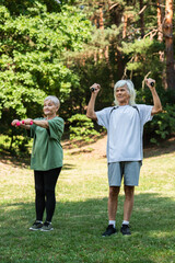 full length of cheerful senior couple in sportswear exercising with dumbbells in green park.