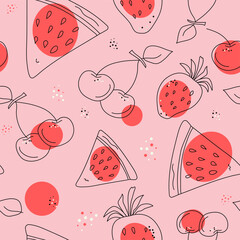 Pattern abstract fruits. Berries drawing. Strawberries, watermelon and cherries. Doodle style. Vector illustration