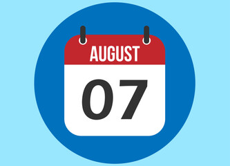 7 August blue calendar vector. Calendar august with circle in background clear.