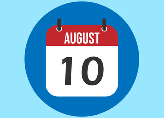 10 August blue calendar vector. Calendar august with circle in background clear.