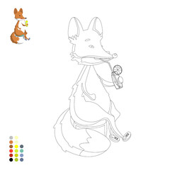 Coloring book for children and adults, a fox sitting on a chair with a cocktail with a color example.