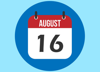 16 August blue calendar vector. Calendar august with circle in background clear.