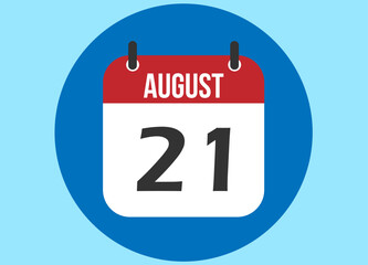 21 August blue calendar vector. Calendar august with circle in background clear.