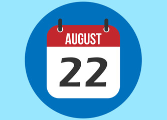 22 August blue calendar vector. Calendar august with circle in background clear.