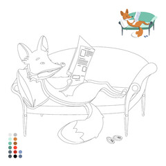 Coloring book for children and adults, fox reading newspaper on sofa with color illustration
