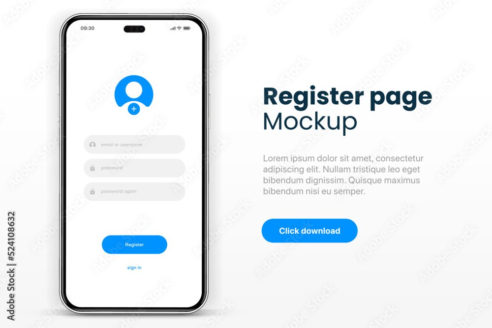 Fototapete Register screen. Mobile application interface, registration form with login and password fields. Website UI UX with buttons and network account sign. Vector web page mockup for smartphone.