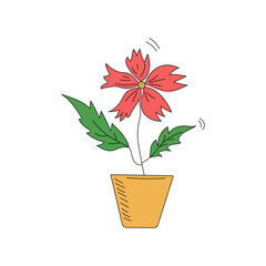 Pot plant. Cartoon flower with leaves in a pot, doodle style. Isolated background. Vector illustration.
