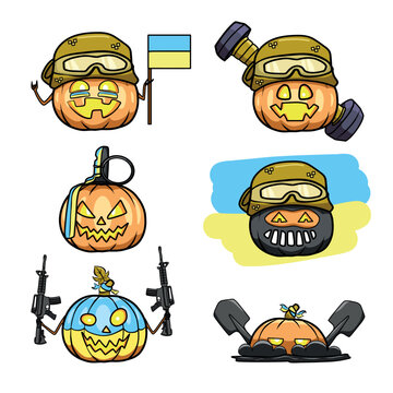 
Picture with Ukrainian military pumpkins. Pictures in the form of Ukrainian military pumpkins for Halloween for prints, patterns, backgrounds, etc.