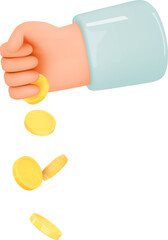 Hand and money emoji. 3d render hand clenched into a fist pours out coin icon. Loan,cashback, tax,payment concept.