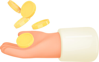 Hand and money emoji. 3d render hand hold coin icon. Business, capital,payment concept. Cartoon illustration