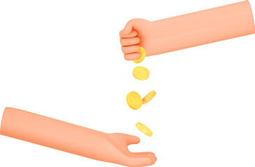 3d hand give gold money or hand take money. Loan, exchange, payout business concept. Business cartoon icon. Financial services. Realistic 3d design