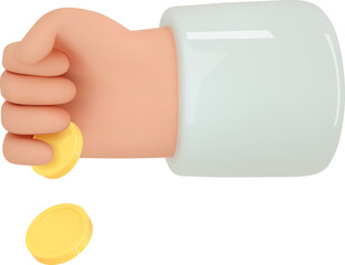 Hand and money emoji. 3d render hand clenched into a fist pours out coin icon. Loan,cashback, tax,payment concept.
