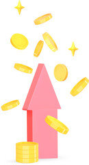 3d flying gold coins and up arrow. Money and financial success, growth investment concept. 