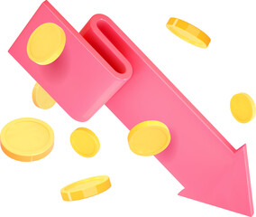 3d render chart arrow and flying coins. Red flexible falling down stock arrow icon. Financial crisis, downgrade, inflation concept. 