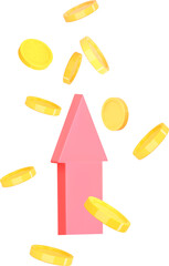3d flying gold coins and up arrow. Money and financial success, growth investment concept. 