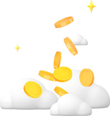 3d coins flying in clouds . Financial success and growth concept. 