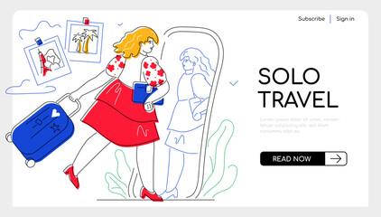 Solo travel on summer vacation - flat design style web banner