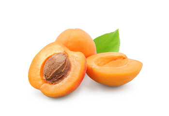 Fresh ripe apricots whole and halves isolated on white background	